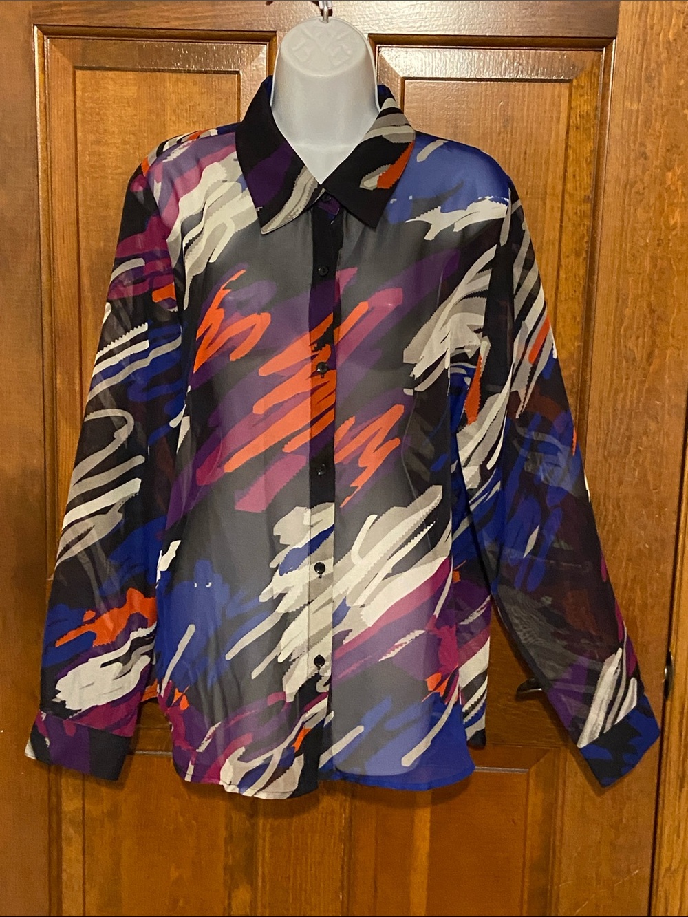 vintage Liz Baker sheer button-up blouse vibrant, colorful abstract design XL